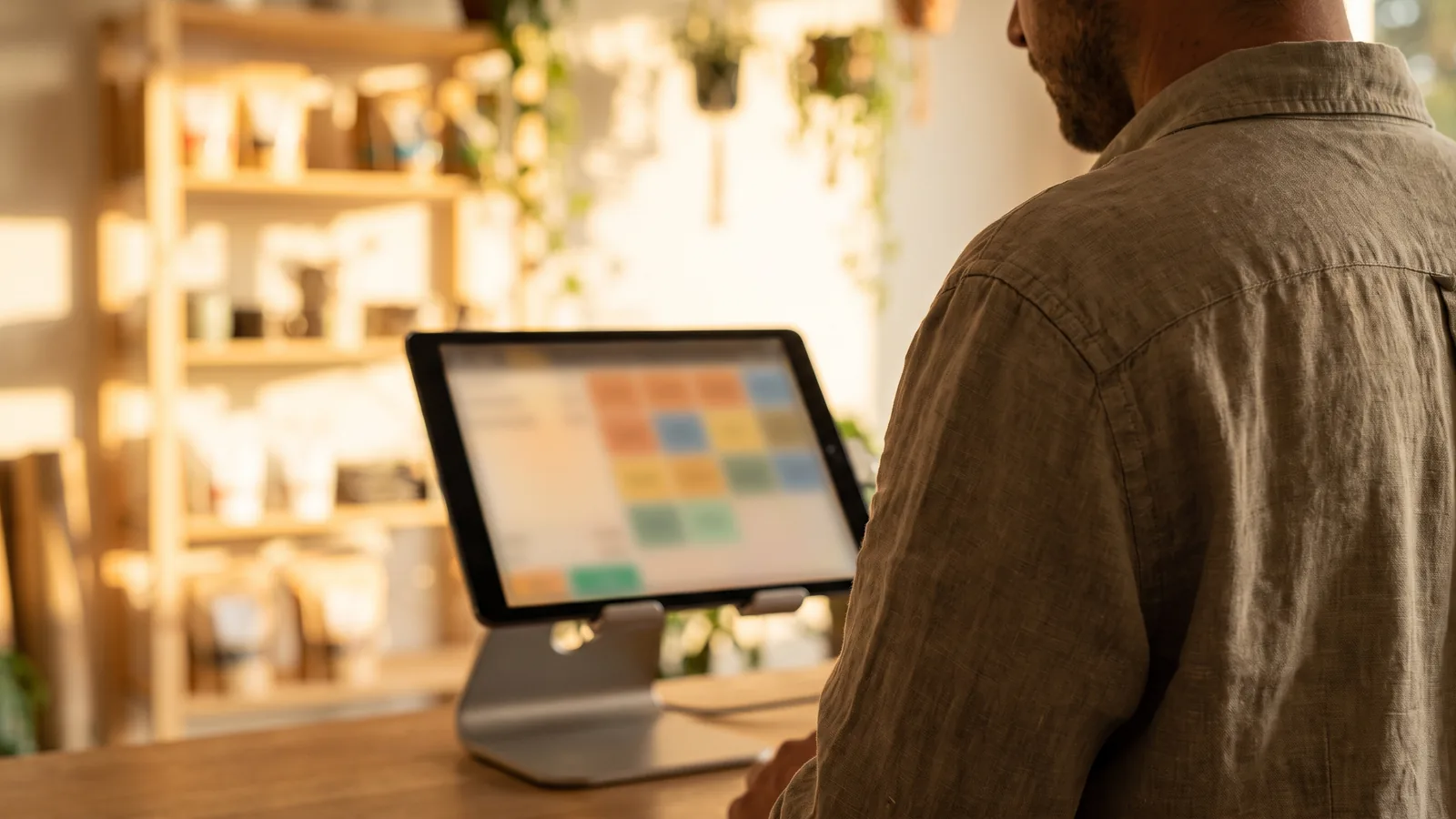 A POS screen on a shop counter displaying a plain-language question about sales data, with the shop out of focus behind it