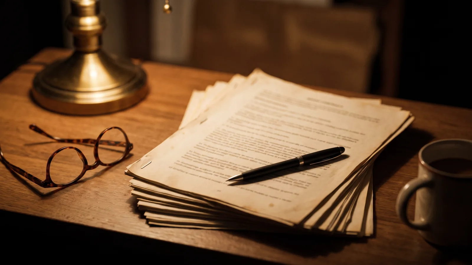 A stack of contract pages and a pen on a small business back-office desk, lit by a desk lamp