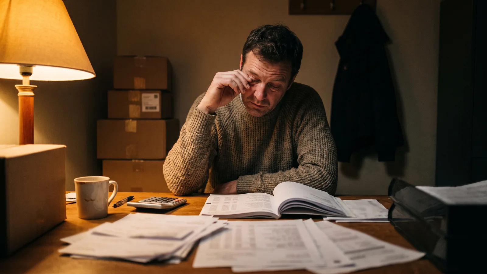 A restaurant owner at a back-office desk reviewing a multi-page merchant processing statement late at night