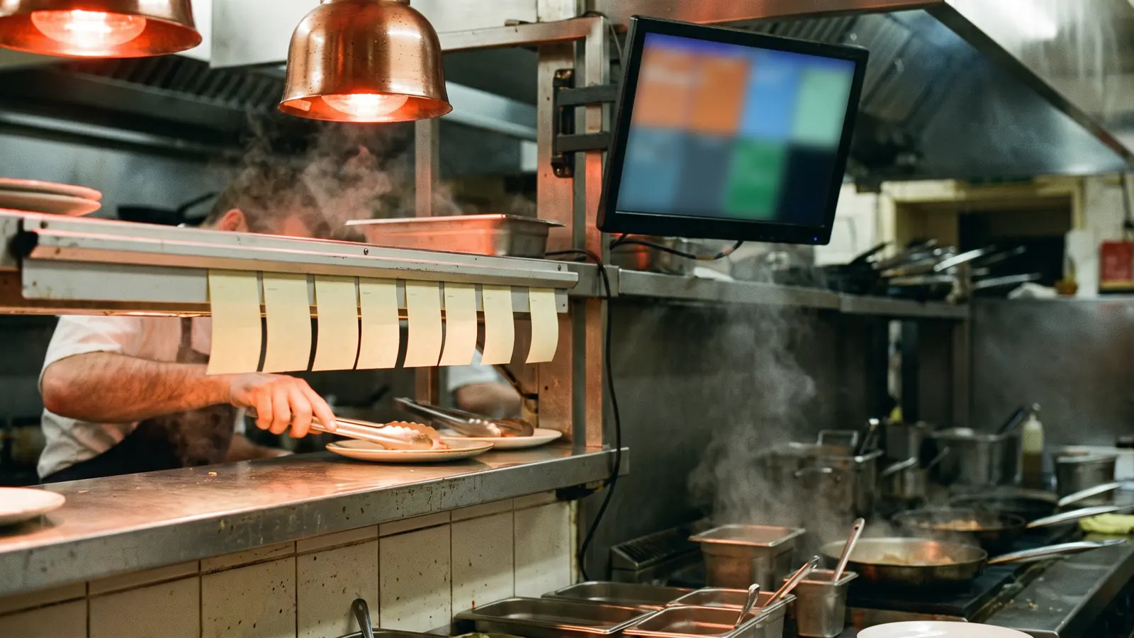 A restaurant kitchen pass with paper tickets on a rail beside a mounted kitchen display screen during service
