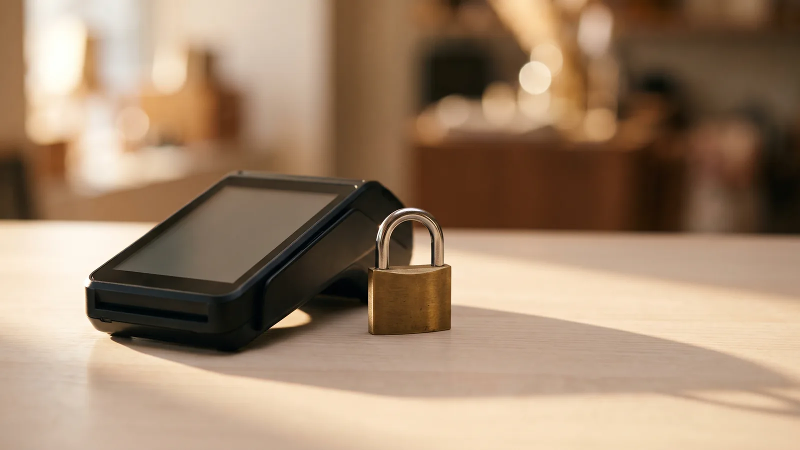 A payment terminal on a shop counter with a padlock resting beside it, shot from a low angle in warm daylight