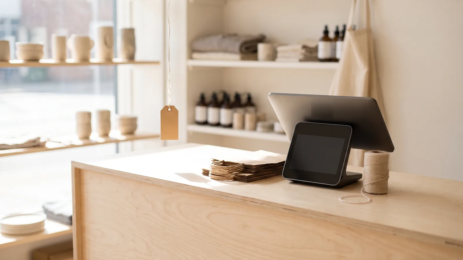 A small retail counter with a compact POS terminal, price tag hanging from it, in clean daylight