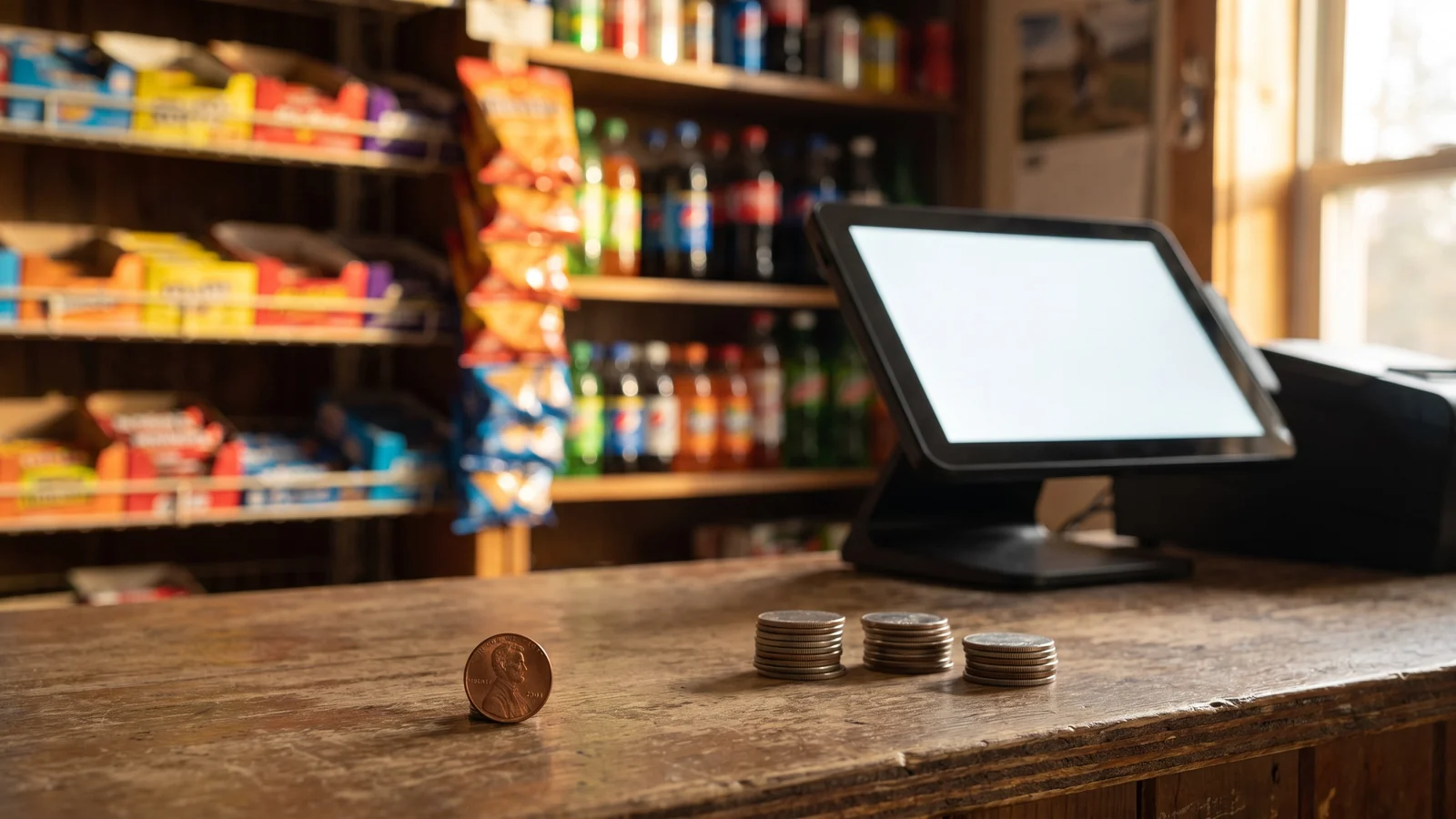 A single copper penny on a worn wooden corner-store counter next to three short stacks of nickels, with a countertop point-of-sale terminal and shelves of snacks and drinks blurred in the background