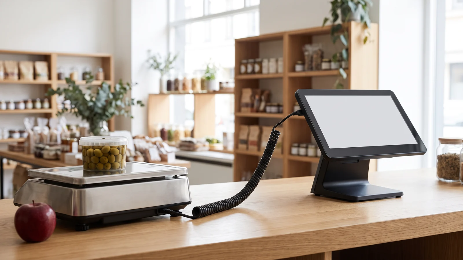 A retail counter with a stainless weighing scale connected by cable to an all-in-one point-of-sale terminal, a tub of olives on the platform and the priced line showing on the till screen