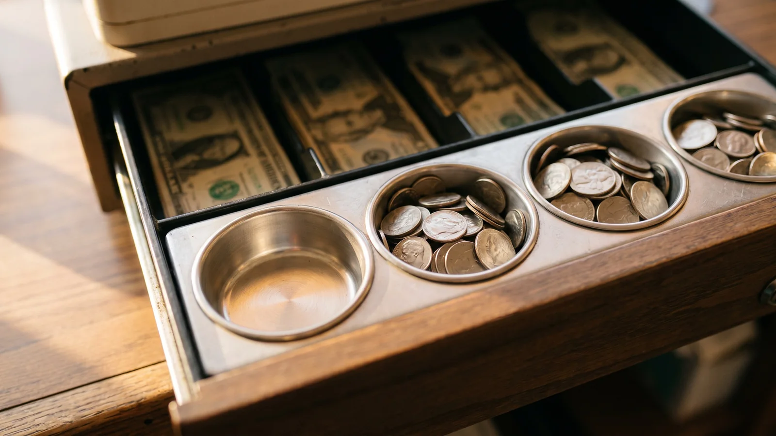 An open cash register drawer seen from above at an angle, with the first round coin cup completely empty and the other cups full of nickels, dimes and quarters, paper money soft in the background