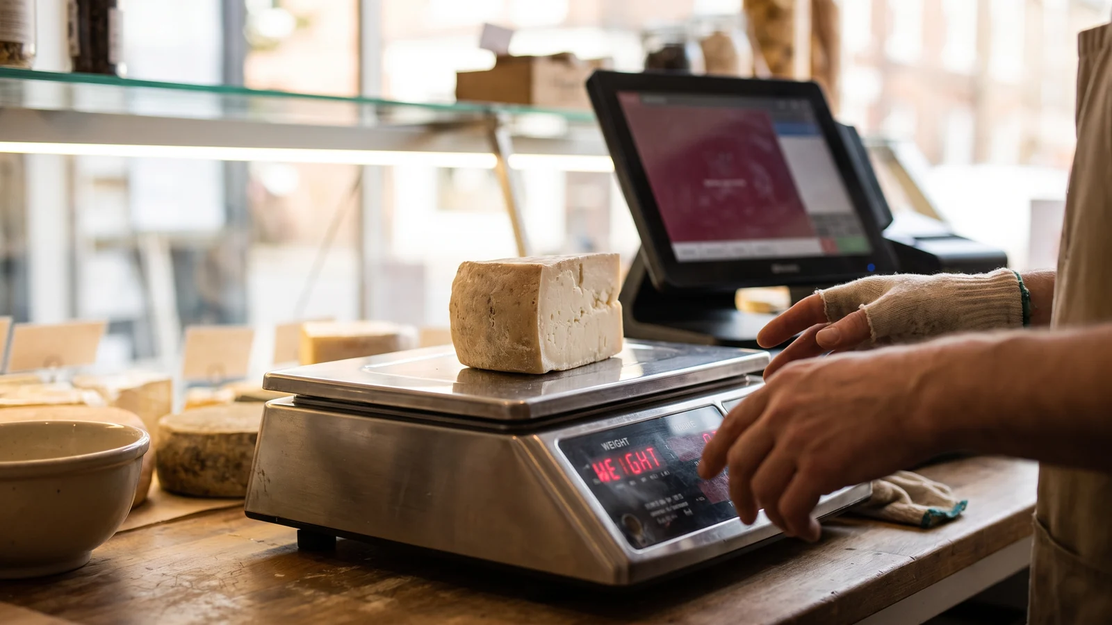 A deli counter scale with a wedge of cheese on the platform, the weight showing on the display, and a point-of-sale screen beside it showing the same item priced on the ticket