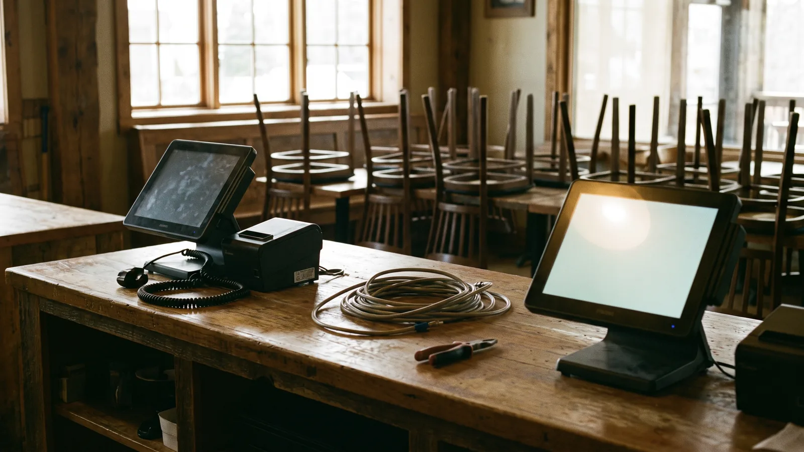 Two POS terminals side by side on a restaurant counter during a changeover, one powered down, one running