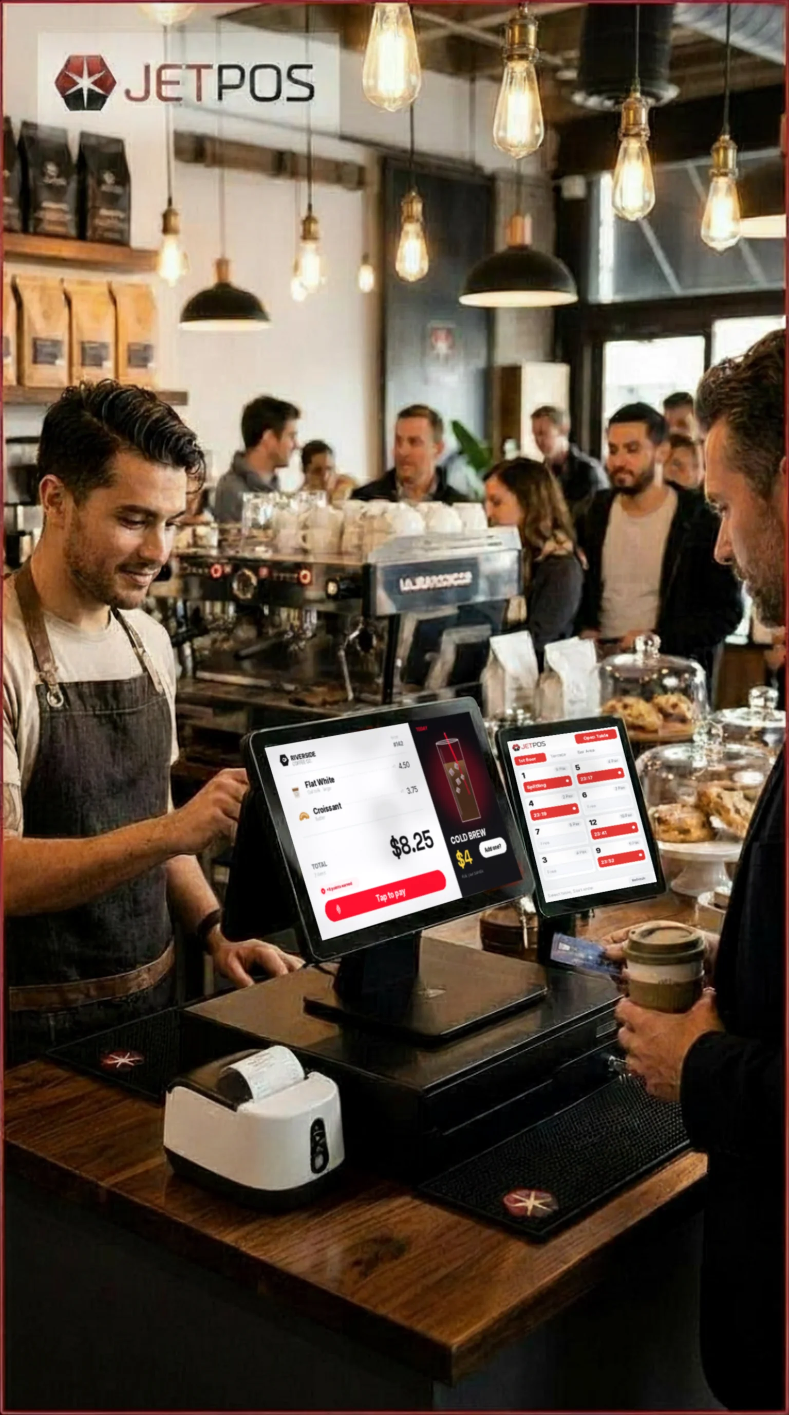 A customer tapping to pay while the Topaz 2.0 station shows their itemised order, the total and a featured drink offer