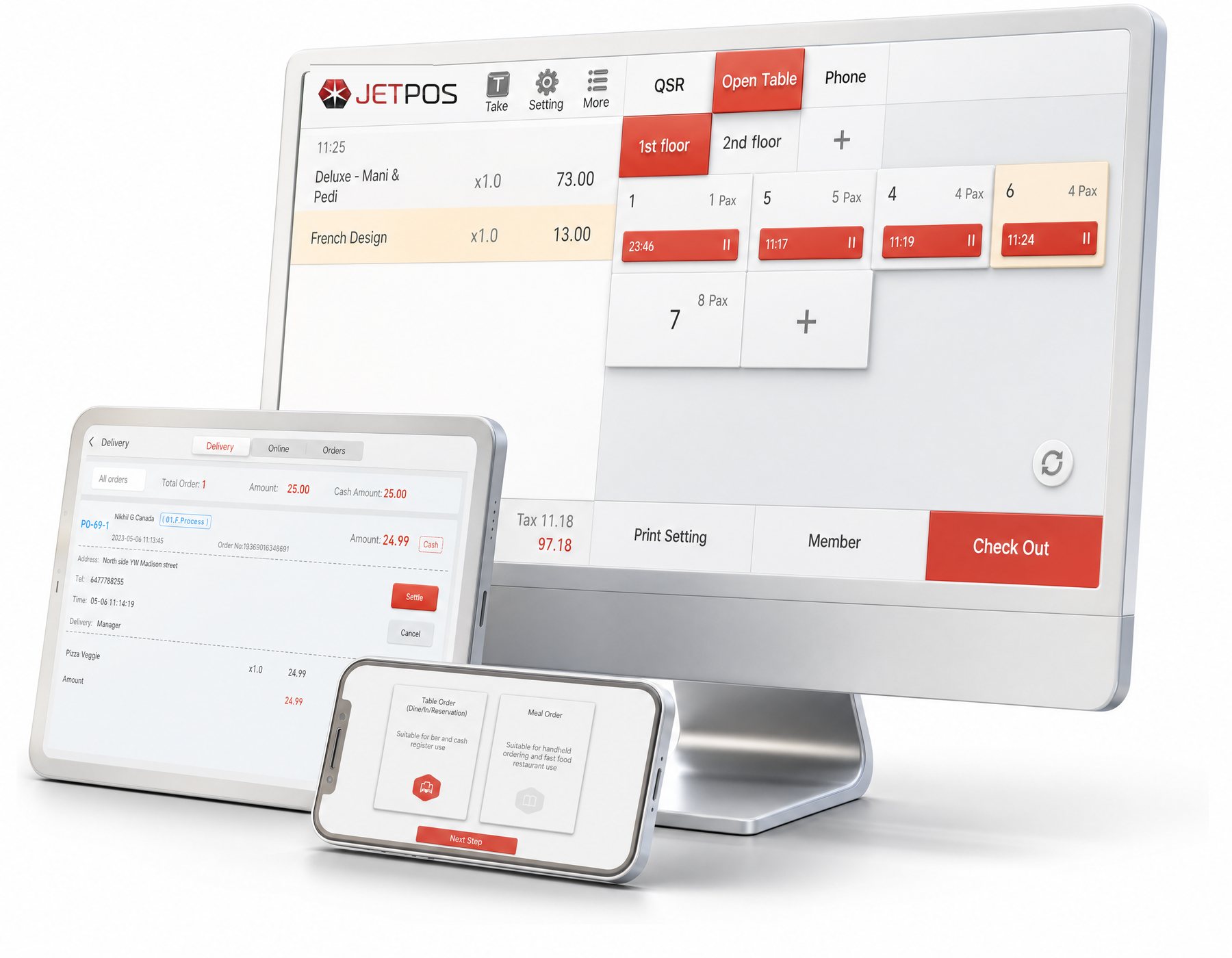 JET Resto on station, tablet and phone — tables, delivery and orders