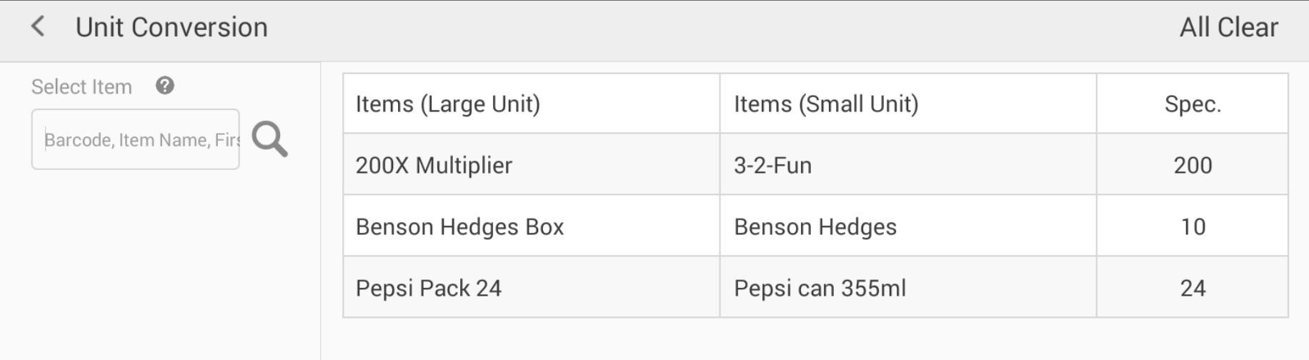 JET stock-in / unit conversion screen